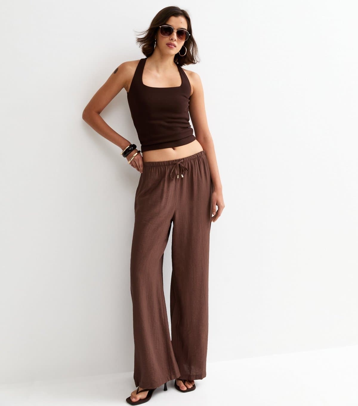 New Look Women's Dark Brown Crinkle Wide Leg Trousers New Look