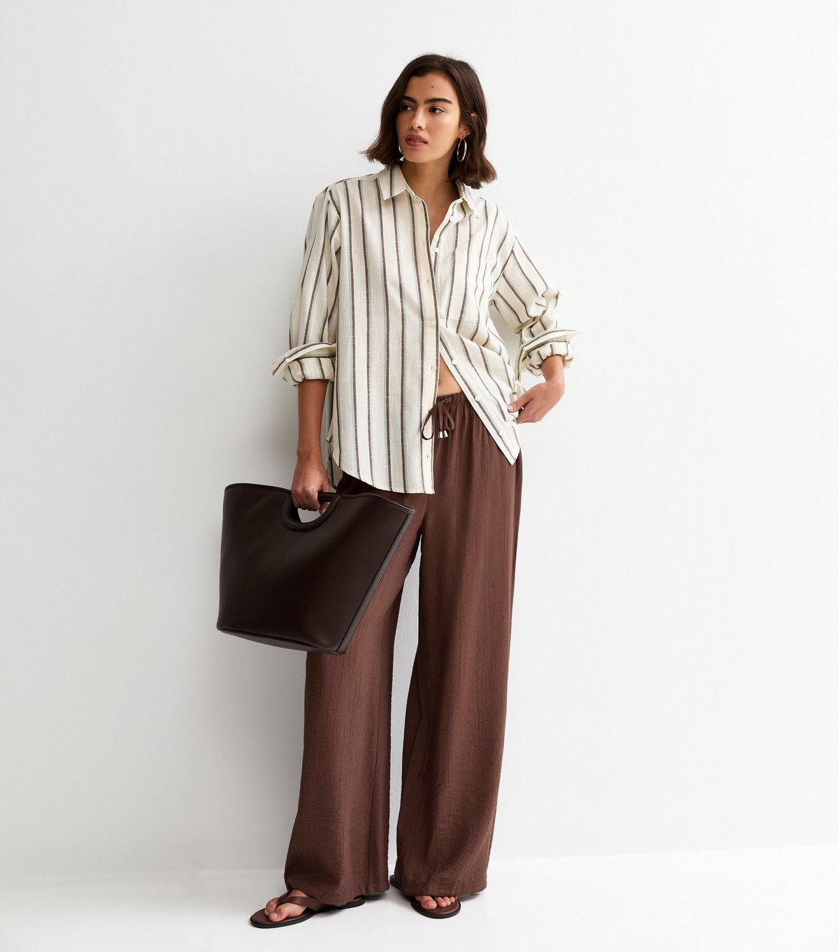 New Look Women's Dark Brown Crinkle Wide Leg Trousers New Look - 3