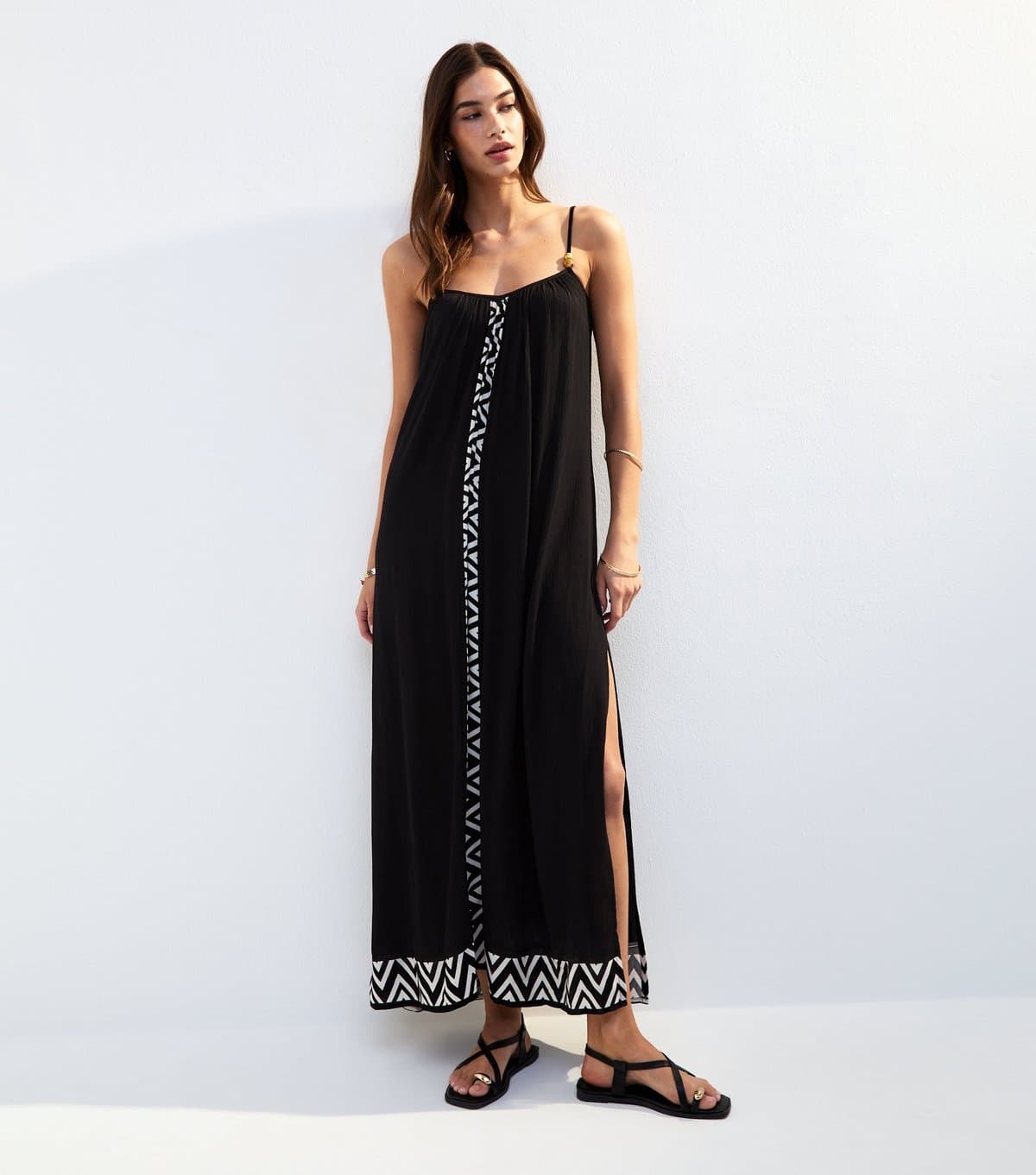 New Look Women's Black Textured Graphic Trim Cover Up Maxi Dress New Look