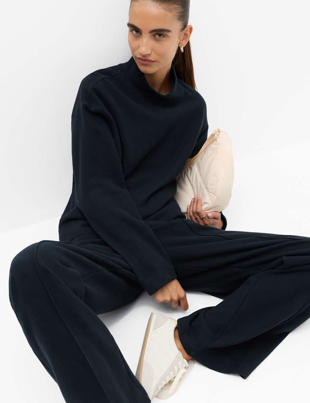 Marks & Spencer M&S Cotton Rich Cosy Funnel Neck Top Navy