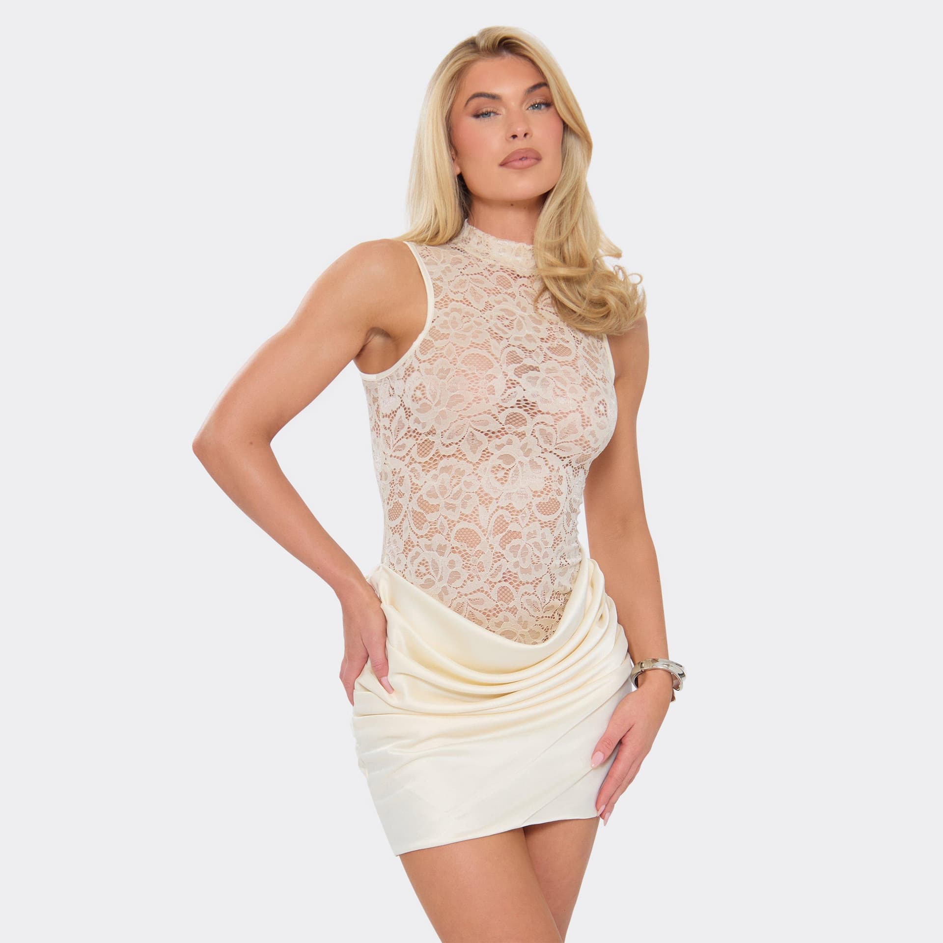 EGO High Neck Sleeveless Contrast Lace Draped Front Mini Dress In Cream, Women's Size UK 6