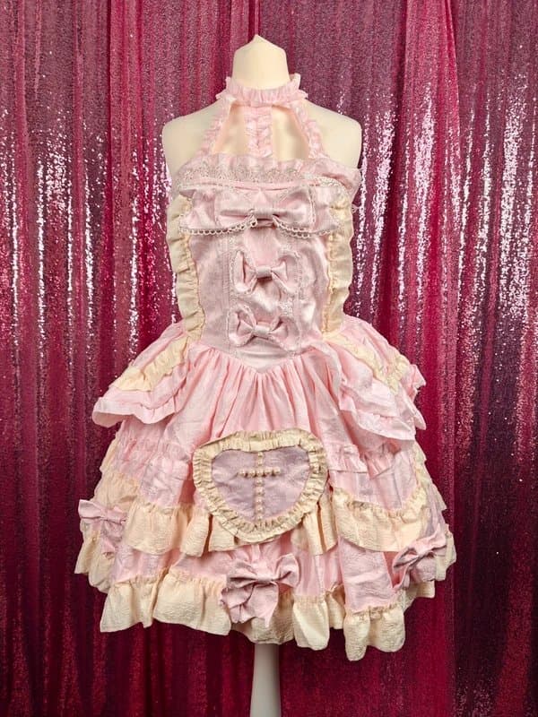 COQUETTE Unbranded pink & cream frilly jacquard print kawaii corset tutu mini dress size S