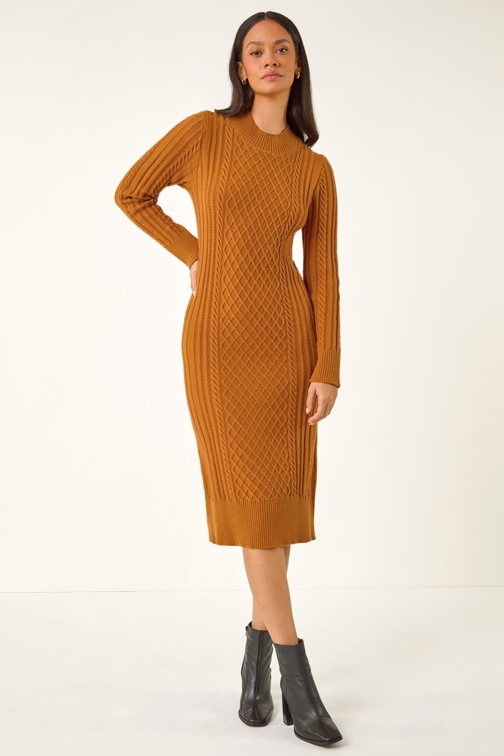 Dusk Dusk Women's Cable Knit Midi Jumper Dress in Orange - 2