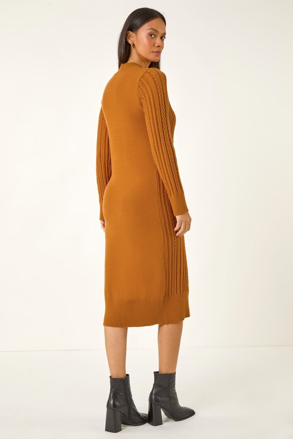 Dusk Dusk Women's Cable Knit Midi Jumper Dress in Orange - 3