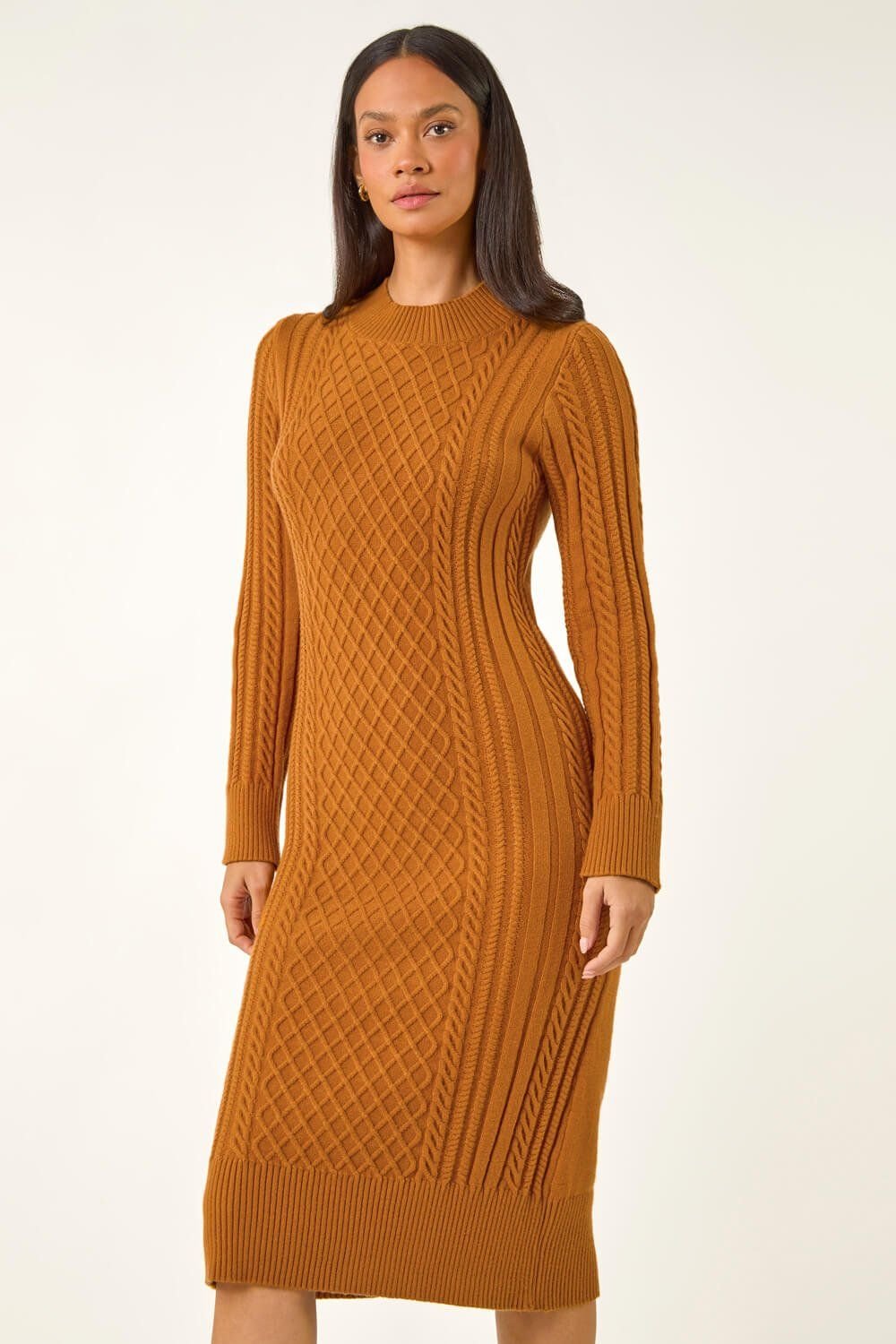 Dusk Dusk Women's Cable Knit Midi Jumper Dress in Orange - 4