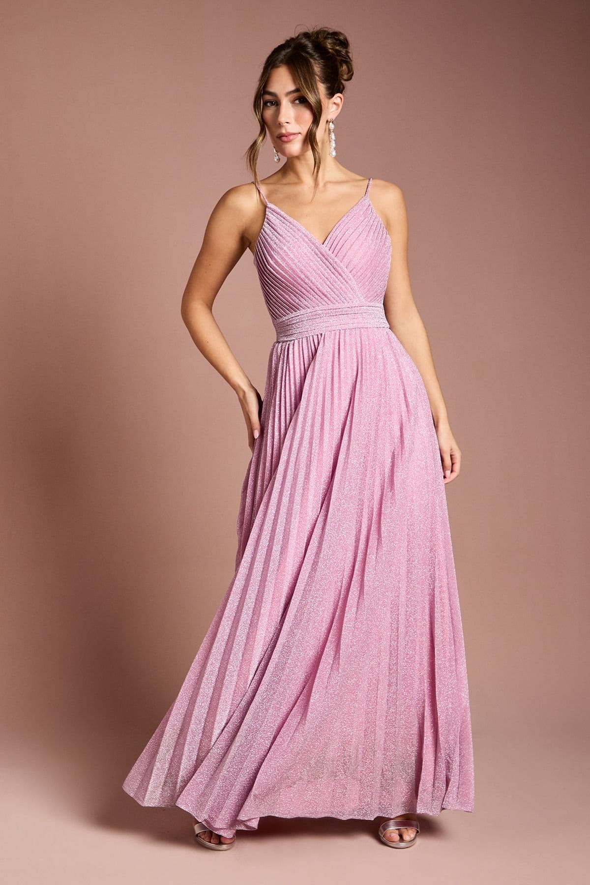Coast Pink Shimmer Pleated Maxi Dress with V-Neck Cami