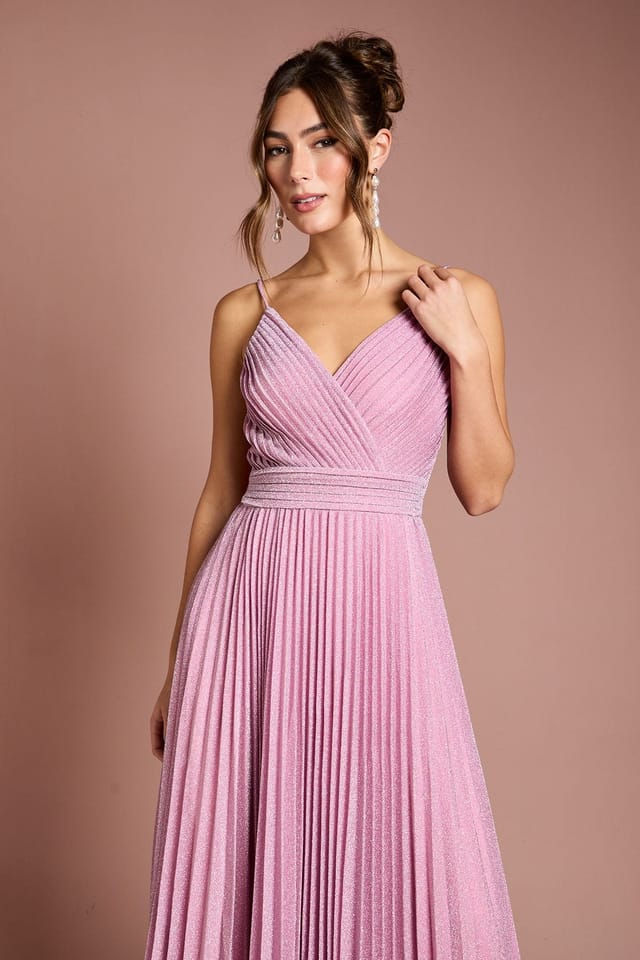 Coast Coast Women's V neck Cami Shimmer Pleated Maxi Dress in Pink - 2
