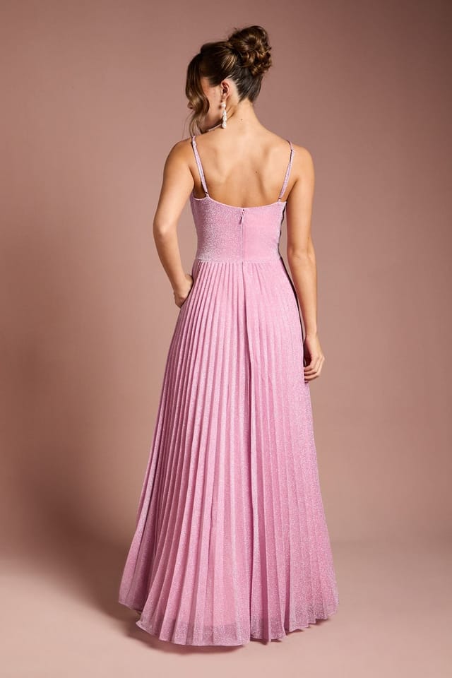 Coast Coast Women's V neck Cami Shimmer Pleated Maxi Dress in Pink - 3