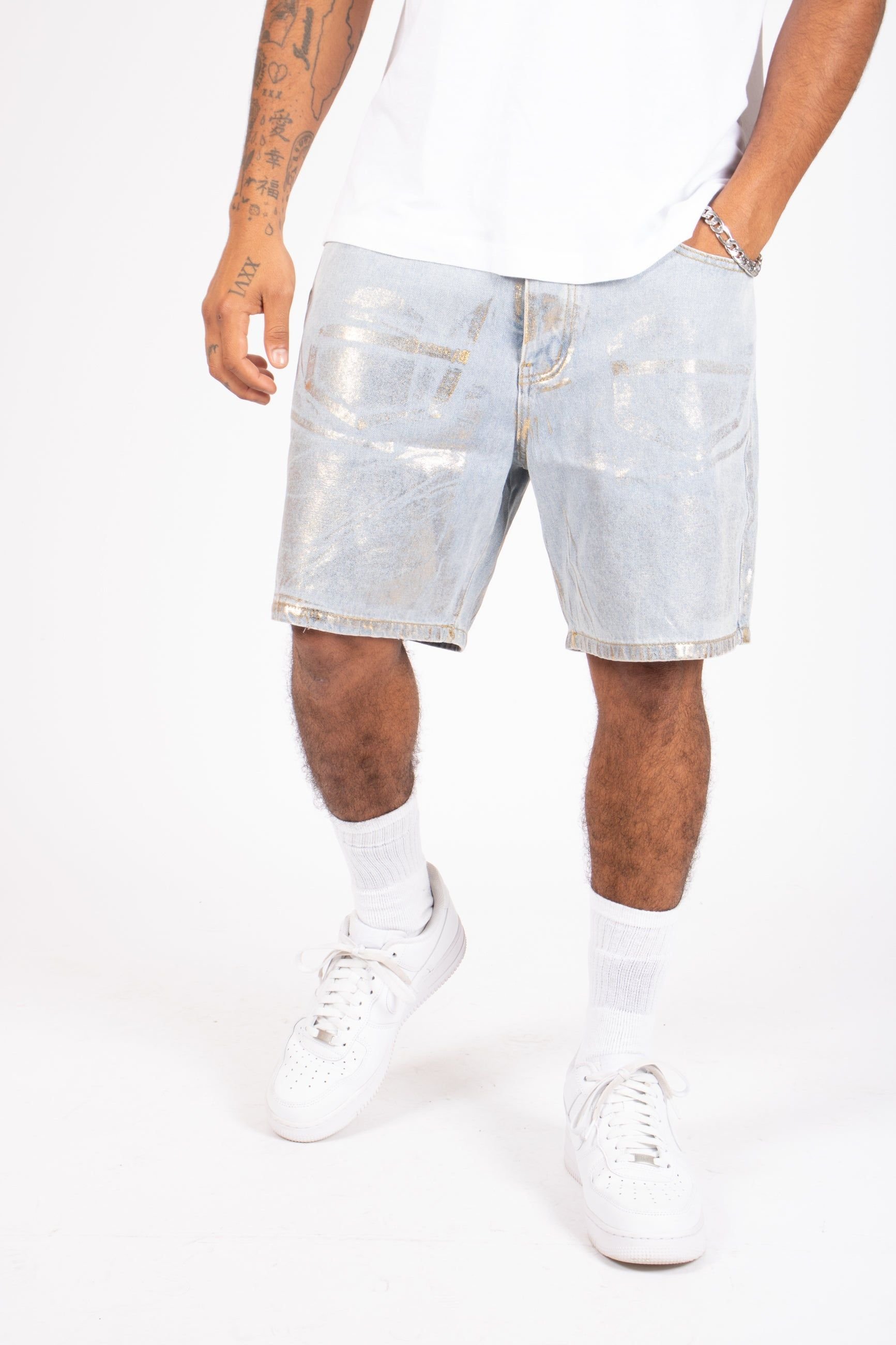 Liquor N Poker Liquor n Poker Men's Metallic Faded Stonewash Straight Leg Shorts in Stone - 2