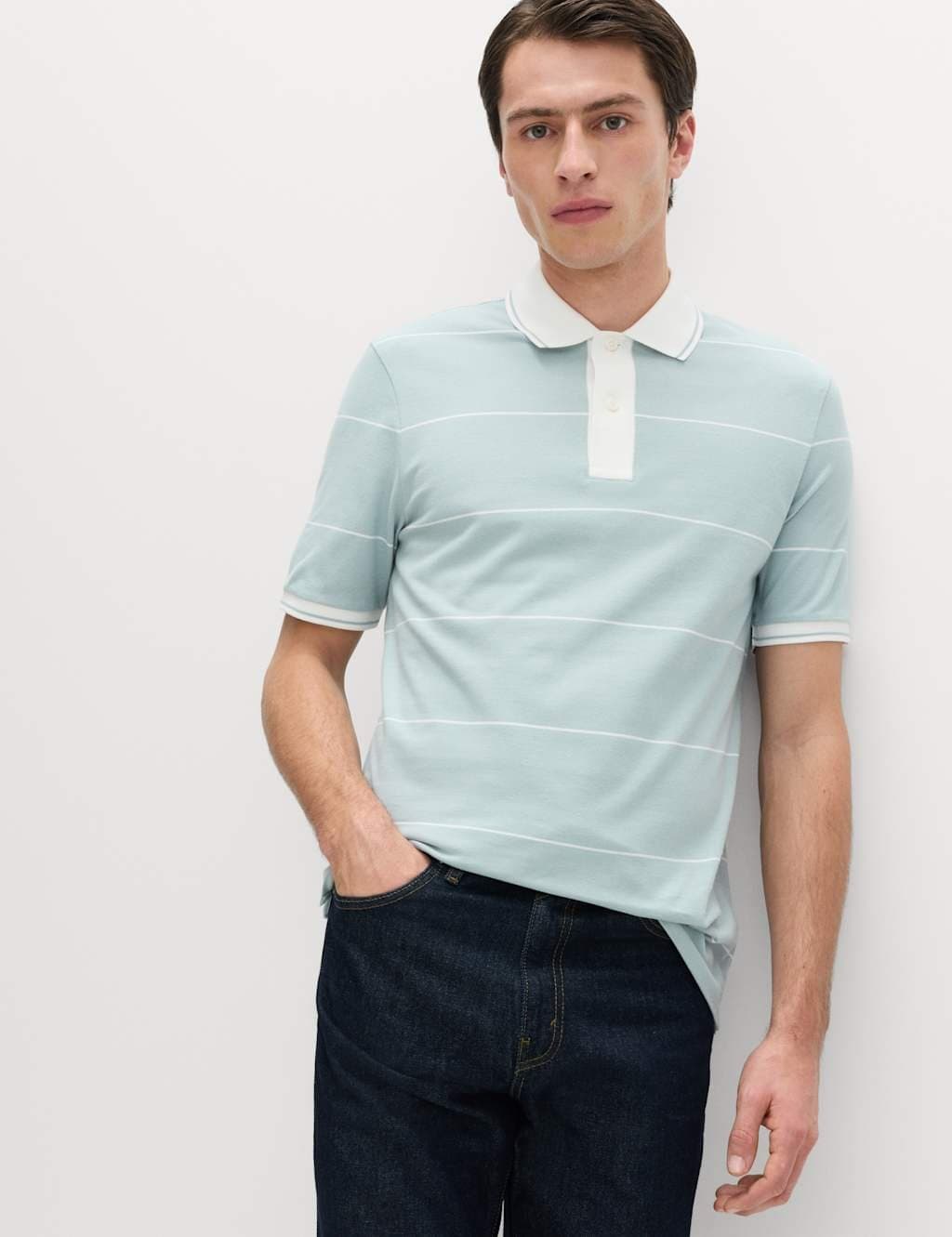 Marks & Spencer M&S Soft Blue Cotton Pique Striped Polo Shirt
