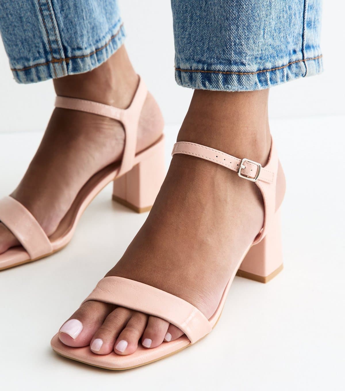 New Look Women's Light Pink Faux Leather Square Toe Block Heel Sandals Vegan New Look