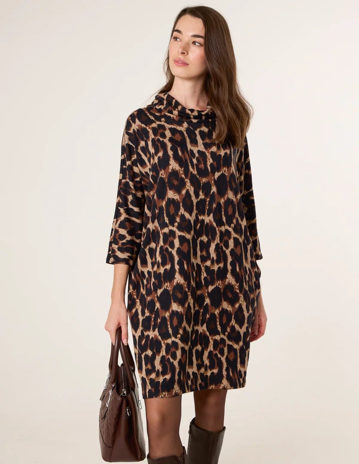 Blue Vanilla Leopard Print Draped Cowl Neck Tunic Dress