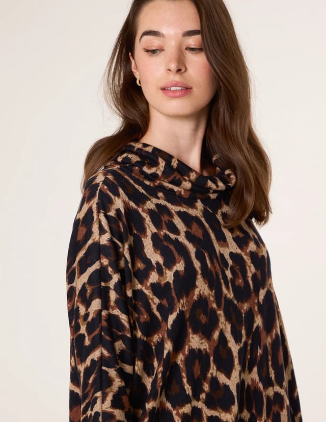 Blue Vanilla Leopard Print Draped Cowl Neck Tunic Dress - 2