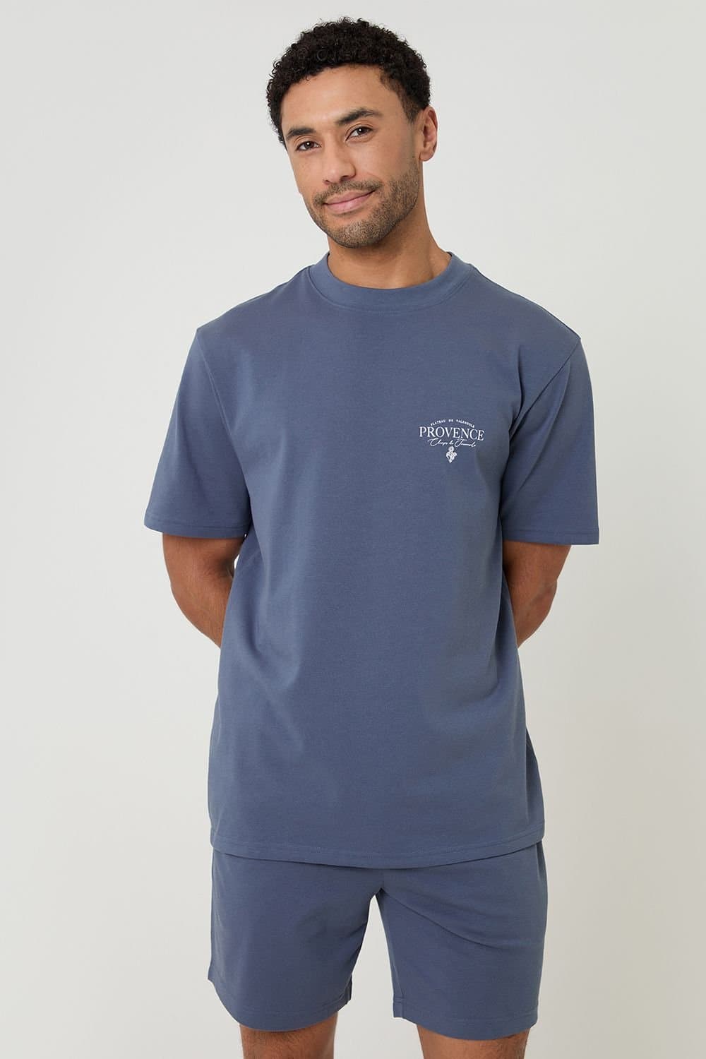 Threadbare Threadbare Men's Cotton Grandad Pyjama Top & Shorts in Blue