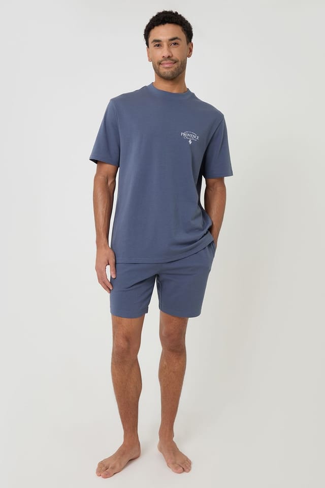 Threadbare Threadbare Men's Cotton Grandad Pyjama Top & Shorts in Blue - 3