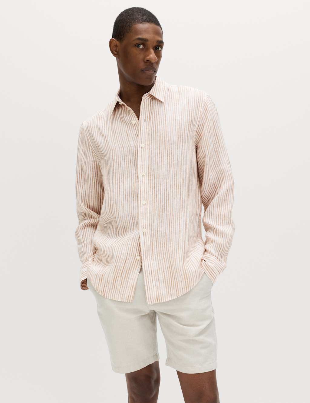Marks & Spencer M&S Pure Linen Striped Shirt Rust Mix - 2