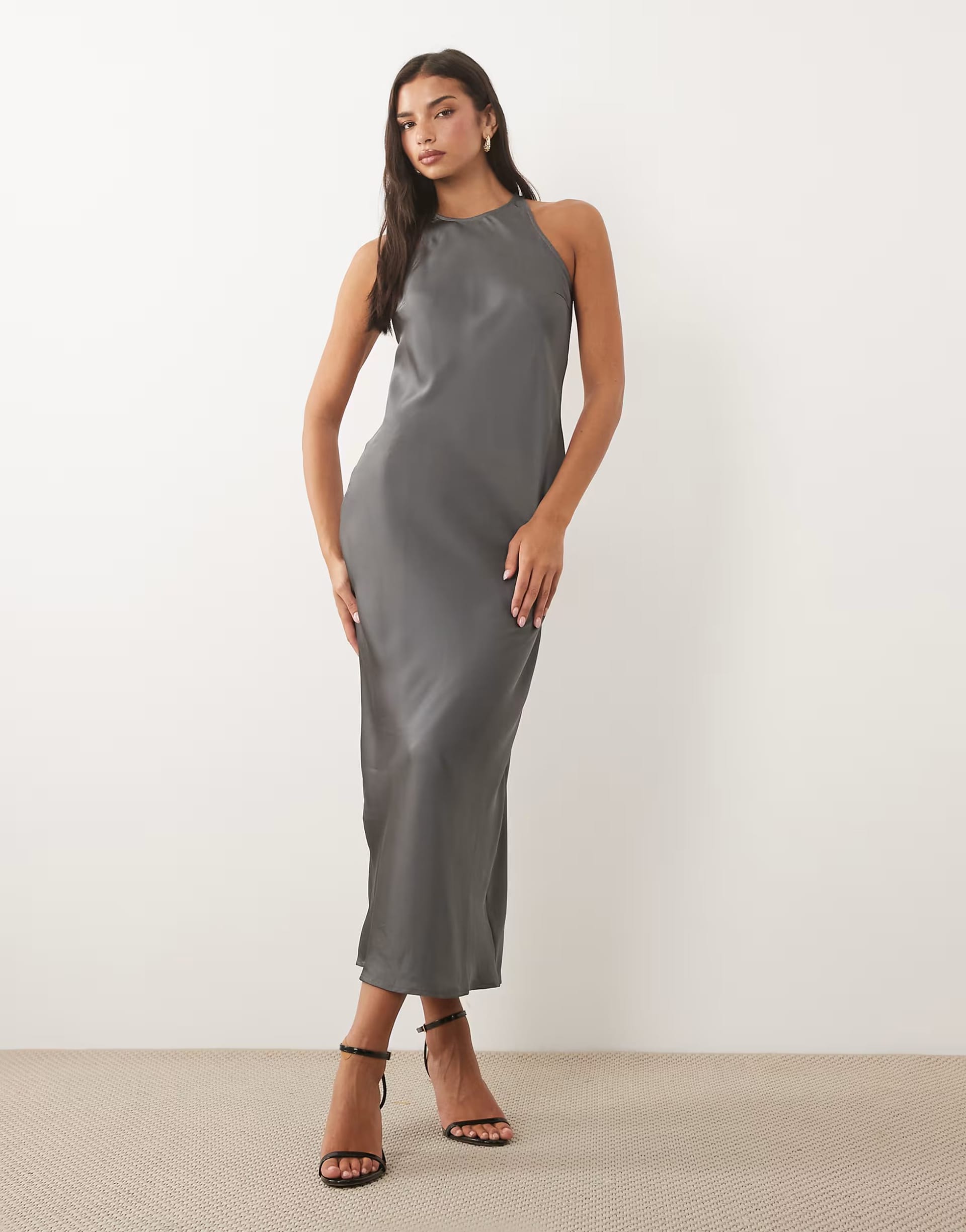 Vila Charcoal Grey Satin Racer Midi Dress