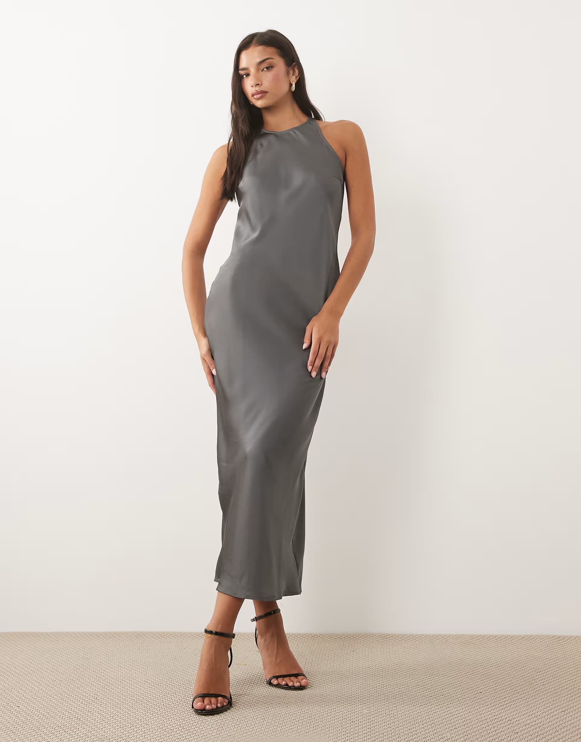 ASOS Vila racer satin midi dress in charcoal grey