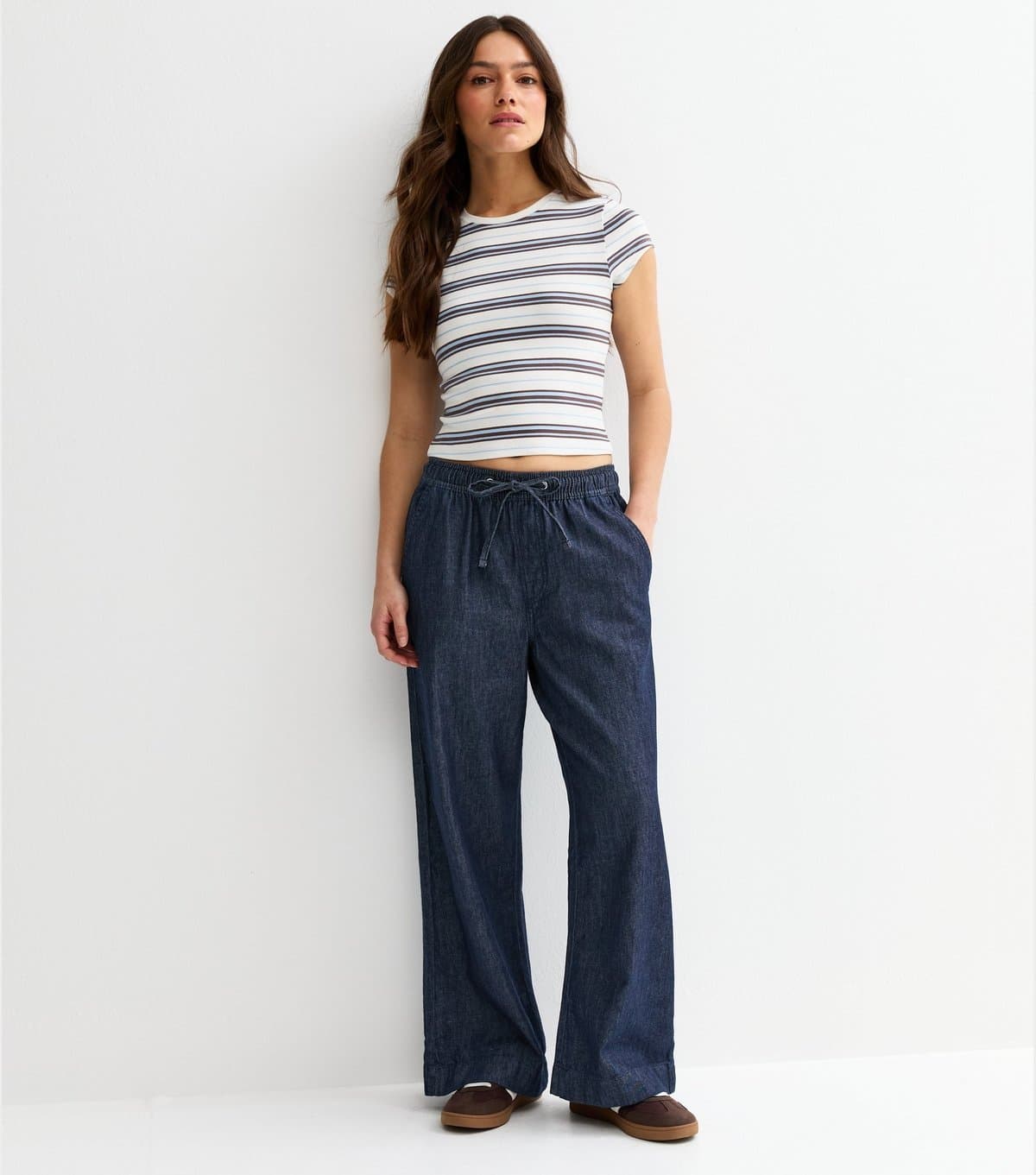 New Look Women's Petite Indigo Wash Chambray Denim Wide Leg Trousers New Look