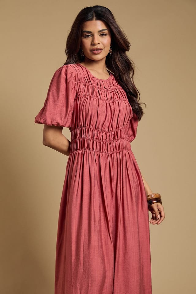 Oasis Oasis Women's Petite Shirred Bodice Puff Sleeve Midi Dress in Brick - 2