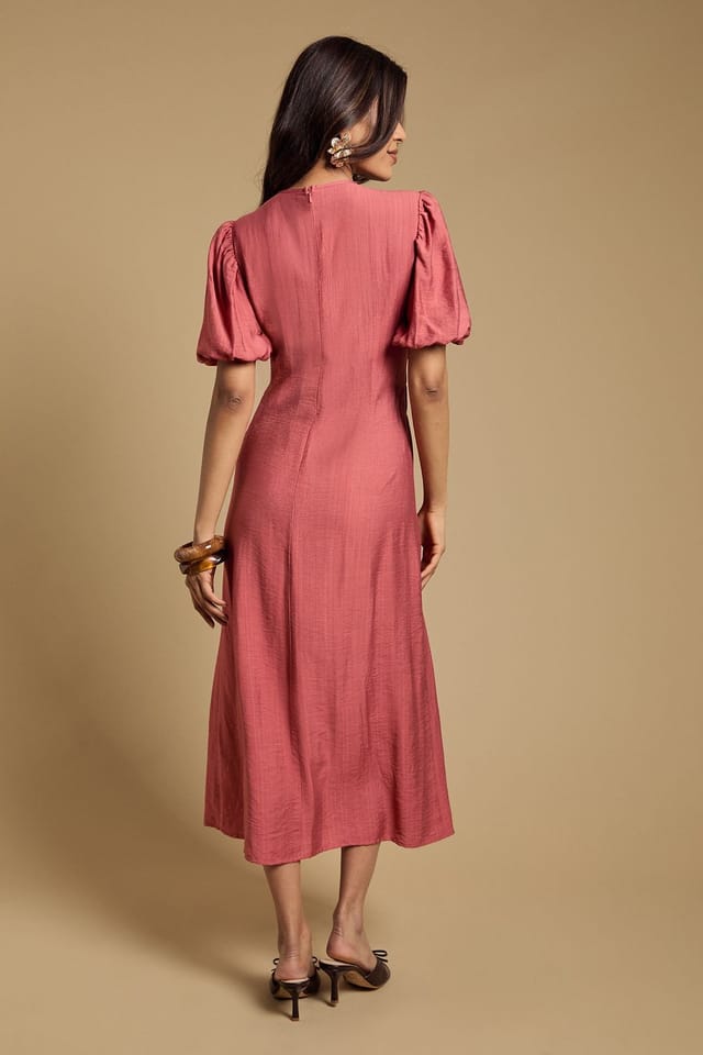 Oasis Oasis Women's Petite Shirred Bodice Puff Sleeve Midi Dress in Brick - 3
