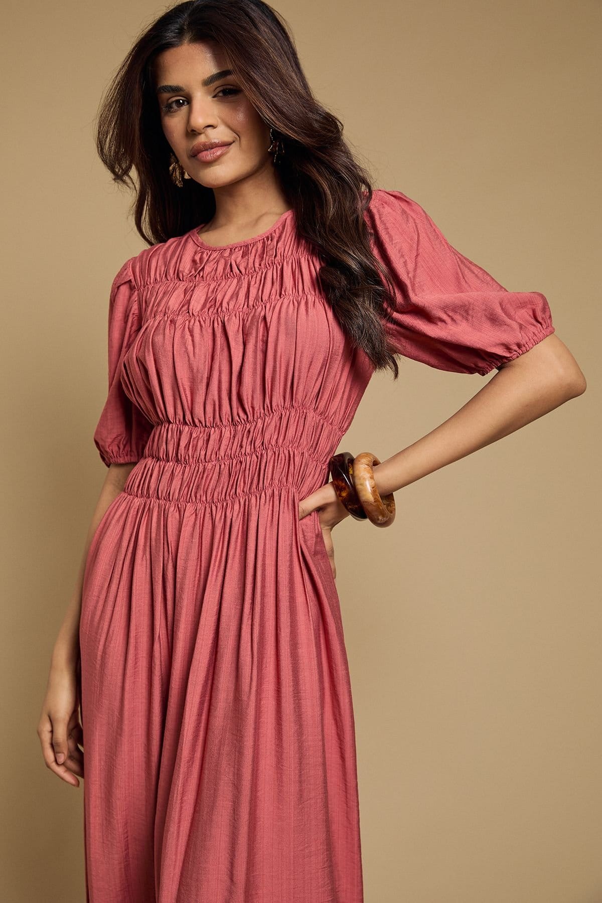 Oasis Oasis Women's Petite Shirred Bodice Puff Sleeve Midi Dress in Brick - 4