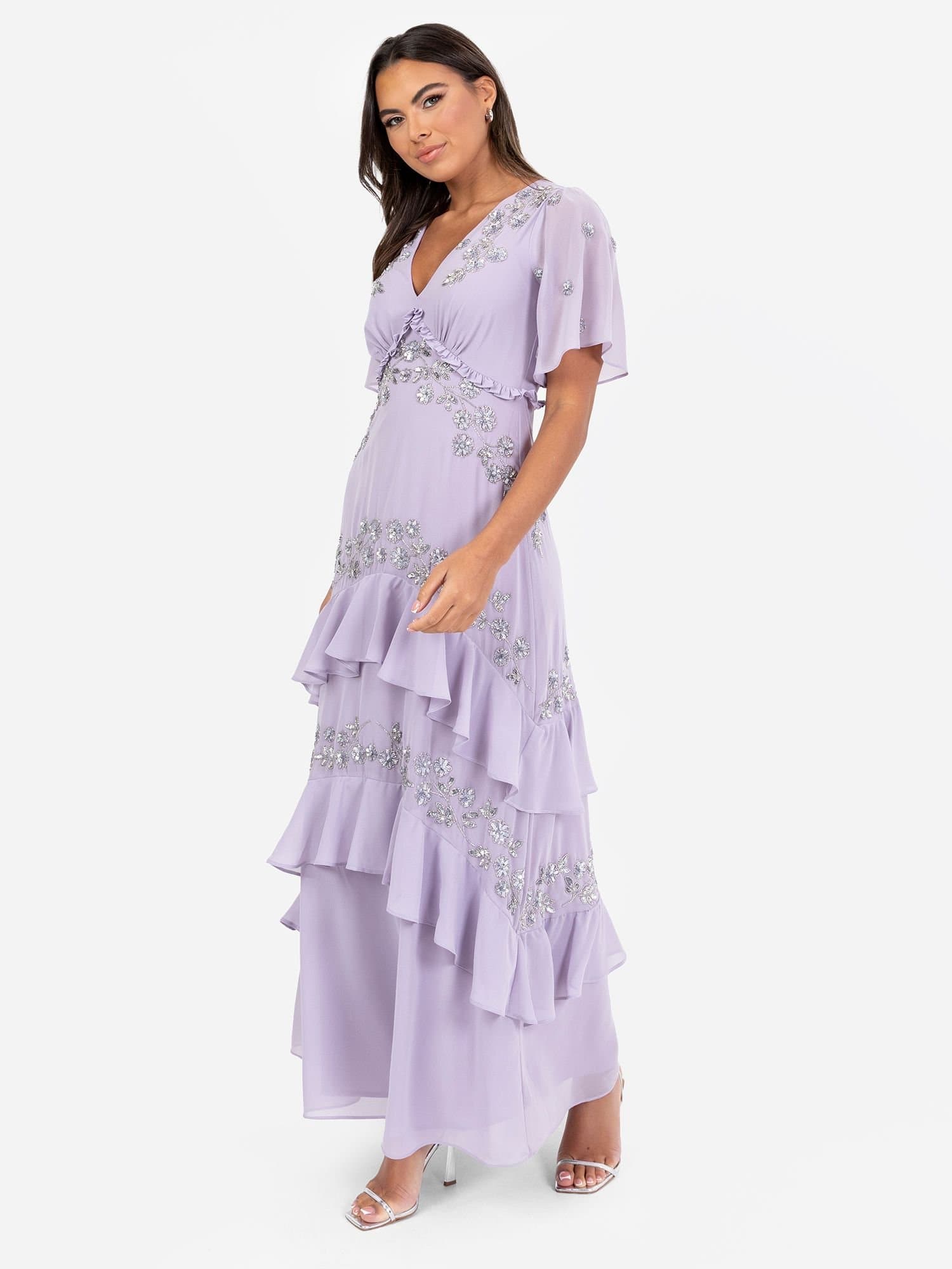 Maya Deluxe Maya Deluxe Women's Embellished Short Sleeve Ruffled Maxi Dress in Lilac