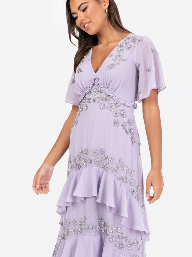 Maya Deluxe Maya Deluxe Women's Embellished Short Sleeve Ruffled Maxi Dress in Lilac - 2