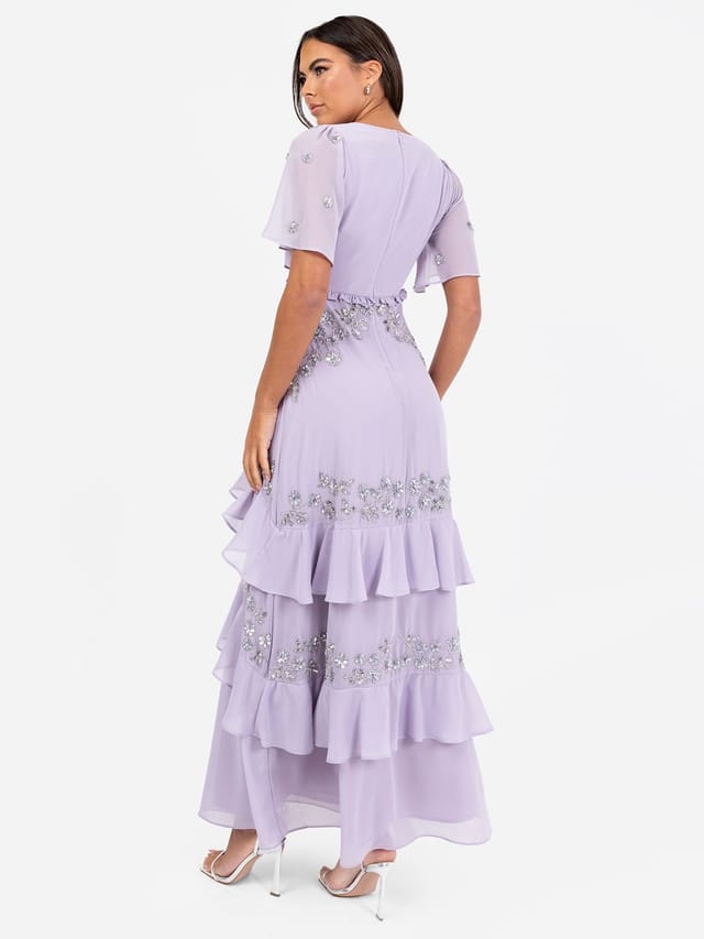 Maya Deluxe Maya Deluxe Women's Embellished Short Sleeve Ruffled Maxi Dress in Lilac - 3