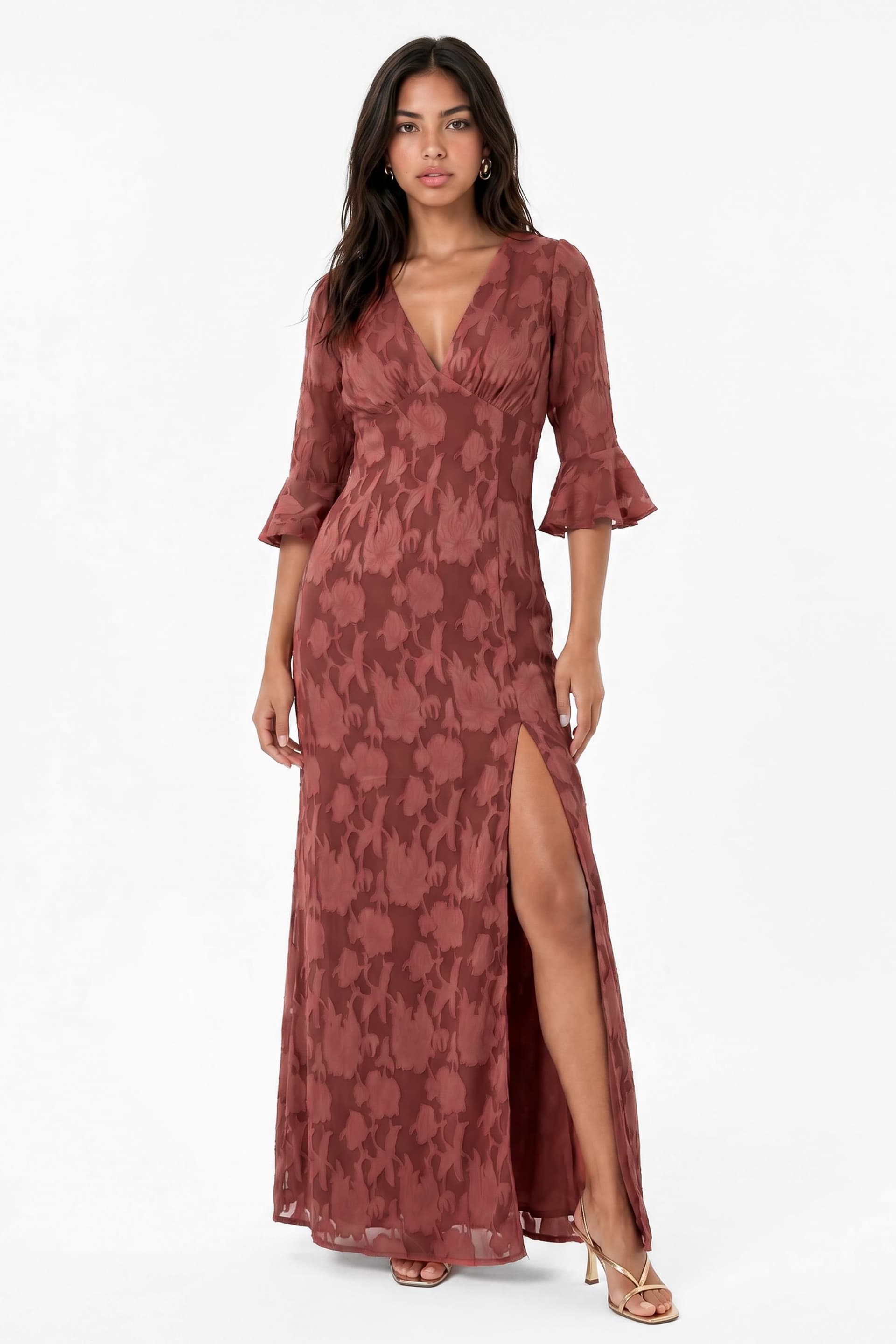Anaya with Love Anaya with Love Women's 3/4 Fluted Sleeves Maxi Dress in Rose