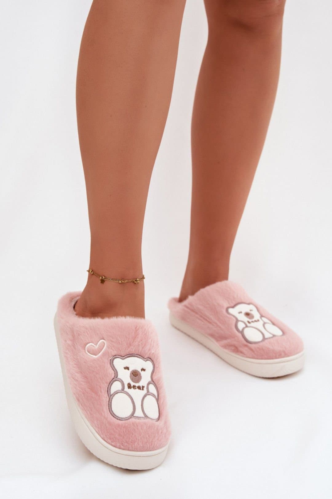 Love Lace Love Lace Women's Furry Teddy Bear & Heart Home Slippers with Thick Sole in Pink