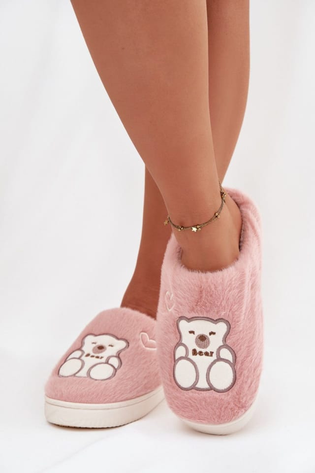 Love Lace Love Lace Women's Furry Teddy Bear & Heart Home Slippers with Thick Sole in Pink - 3