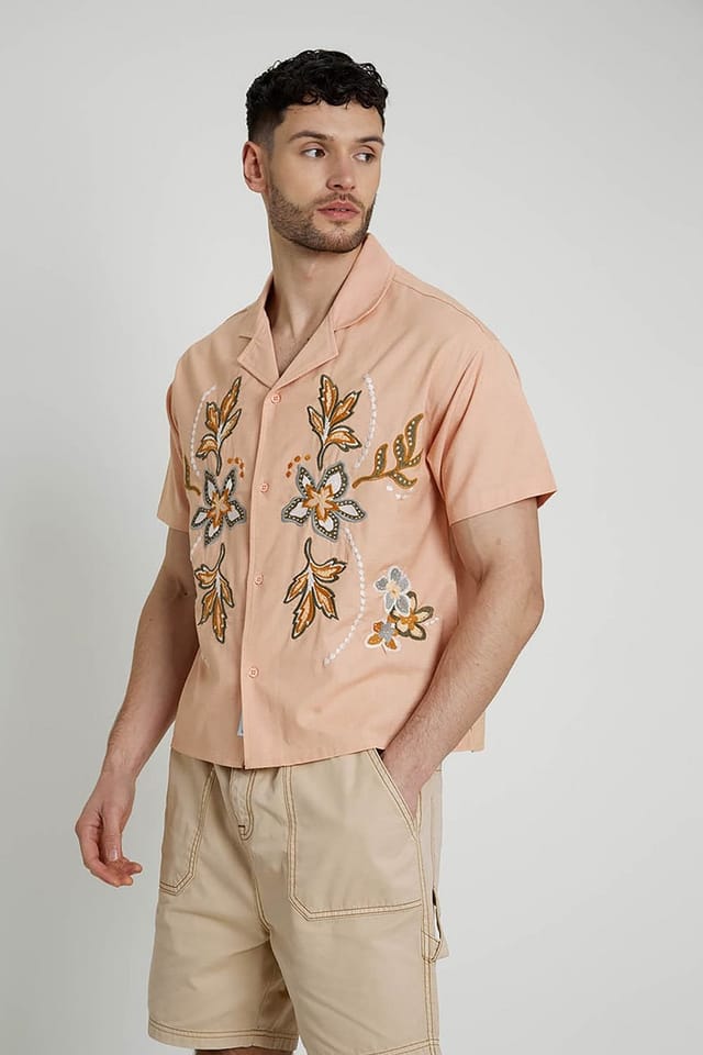 Native Youth Native Youth Men's Cotton Short Sleeve Lightweight Linen Mix Relaxed Shirt in Pink - 3