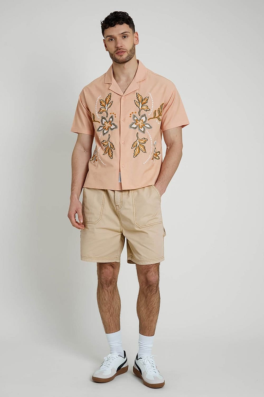 Native Youth Native Youth Men's Cotton Short Sleeve Lightweight Linen Mix Relaxed Shirt in Pink - 4