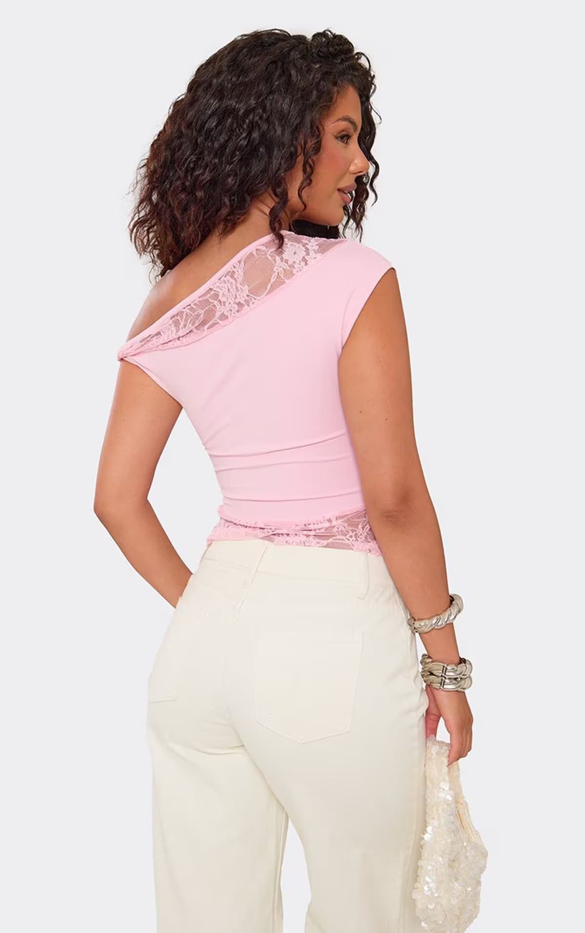 EGO Off The Shoulder Lace Panel Top In Pink, Women's Size UK 6