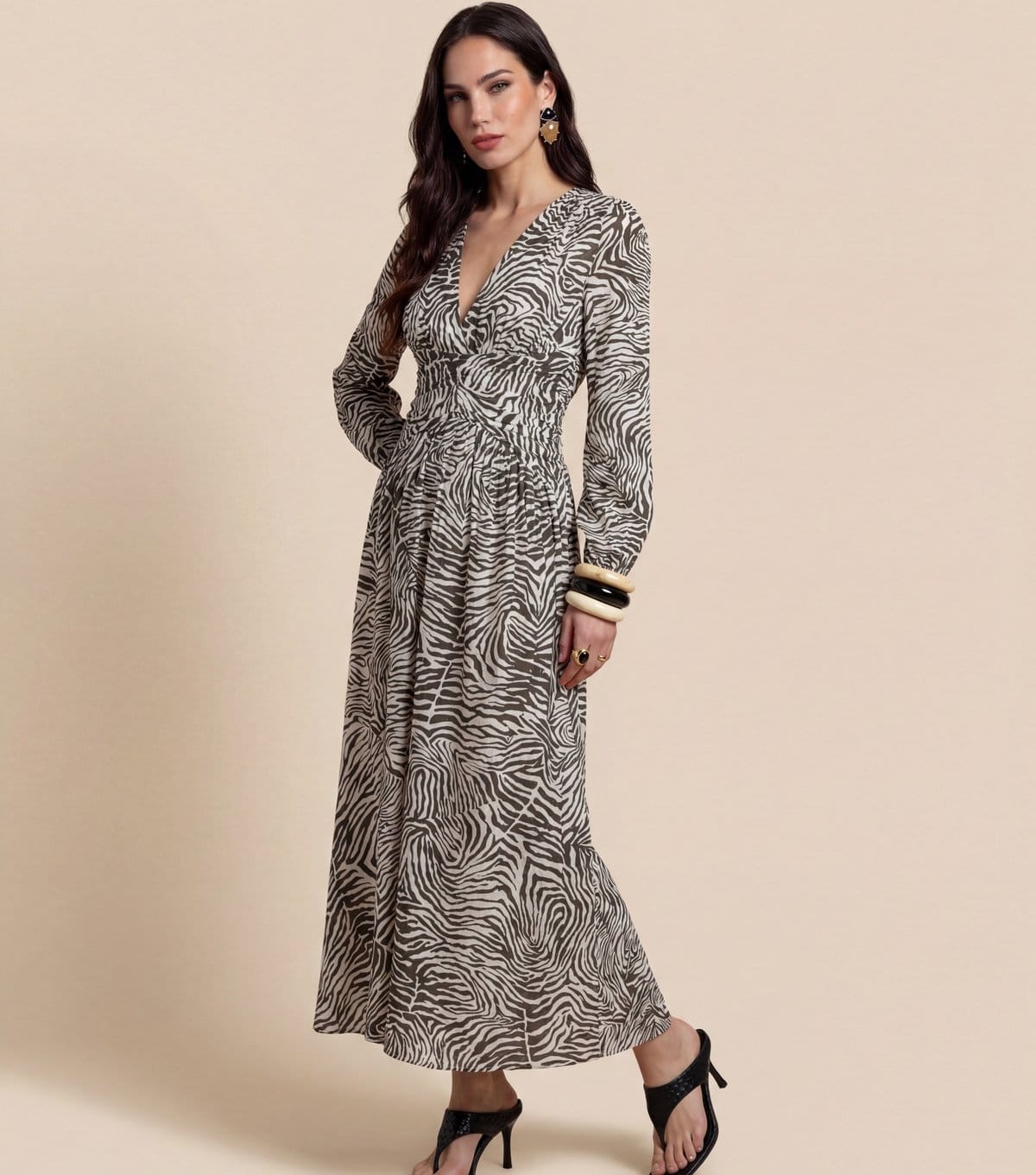 Urban Bliss Women's Khaki Zebra print Long Sleeve Maxi Dress Urban Bliss New Look - 1
