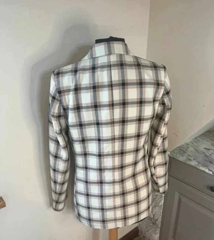 H&M H&M White Beige Pink Check Tartan Fitted Fully Lined Button Detail Oversized Blazer Size 8