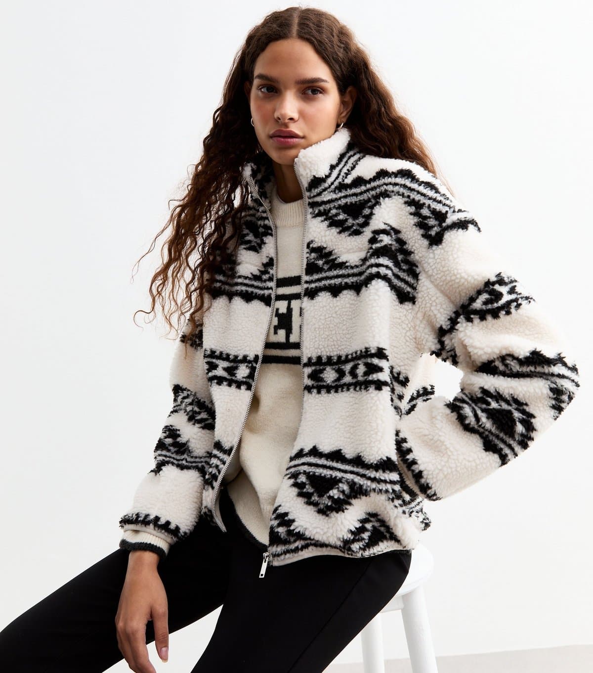 New Look New Look Off White Abstract Print Fleece Jacket