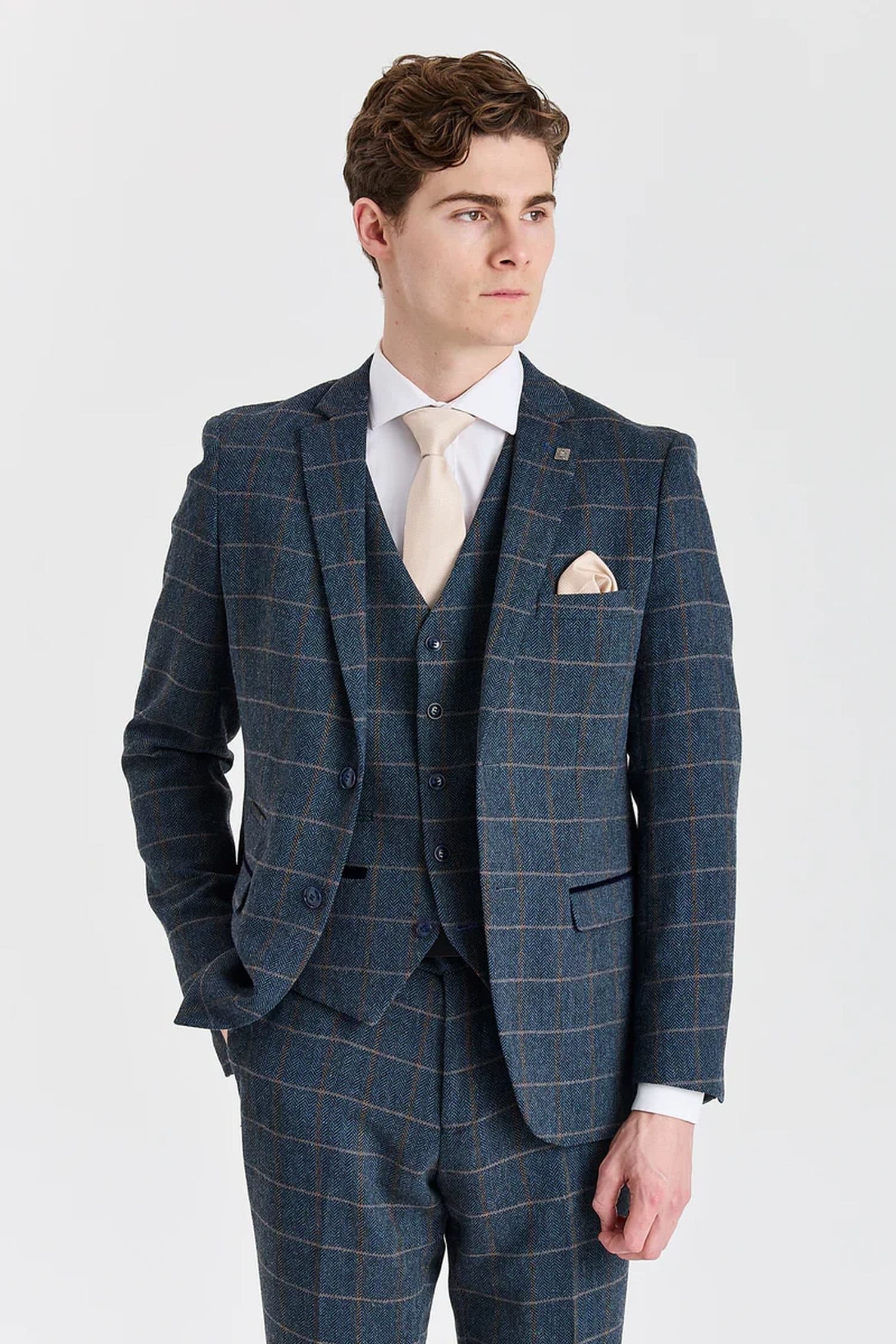 Paul Andrew Paul Andrew Men's 3 Piece Herringbone Check Wool Blend Tweed Suit in Navy