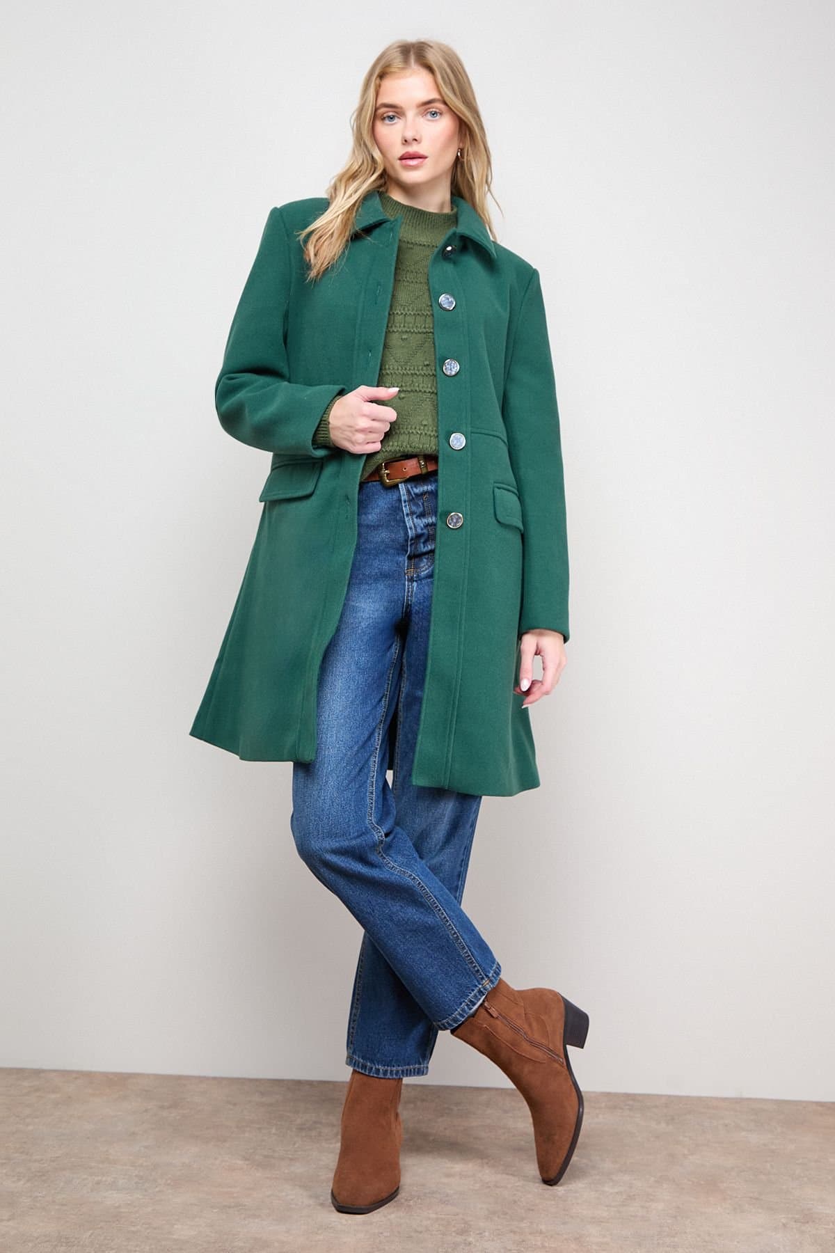 Oasis Oasis Women's Faux Wool Button Through Dolly Coat in Green