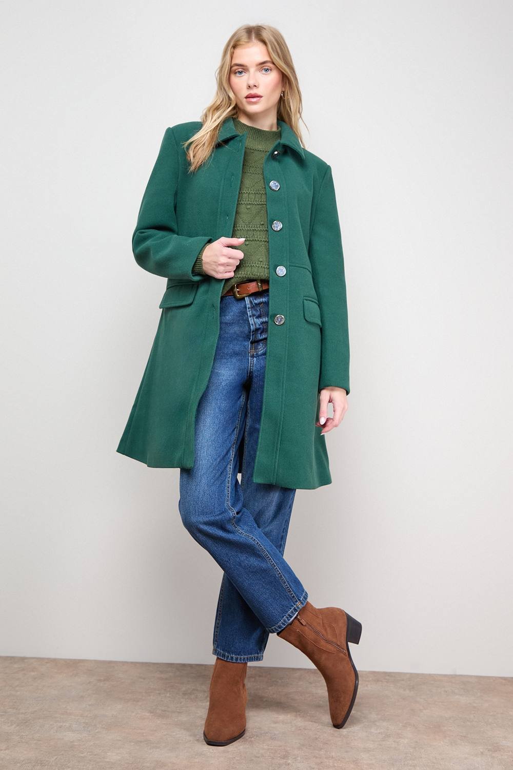 Oasis Oasis Women's Faux Wool Button Through Dolly Coat in Green - 2