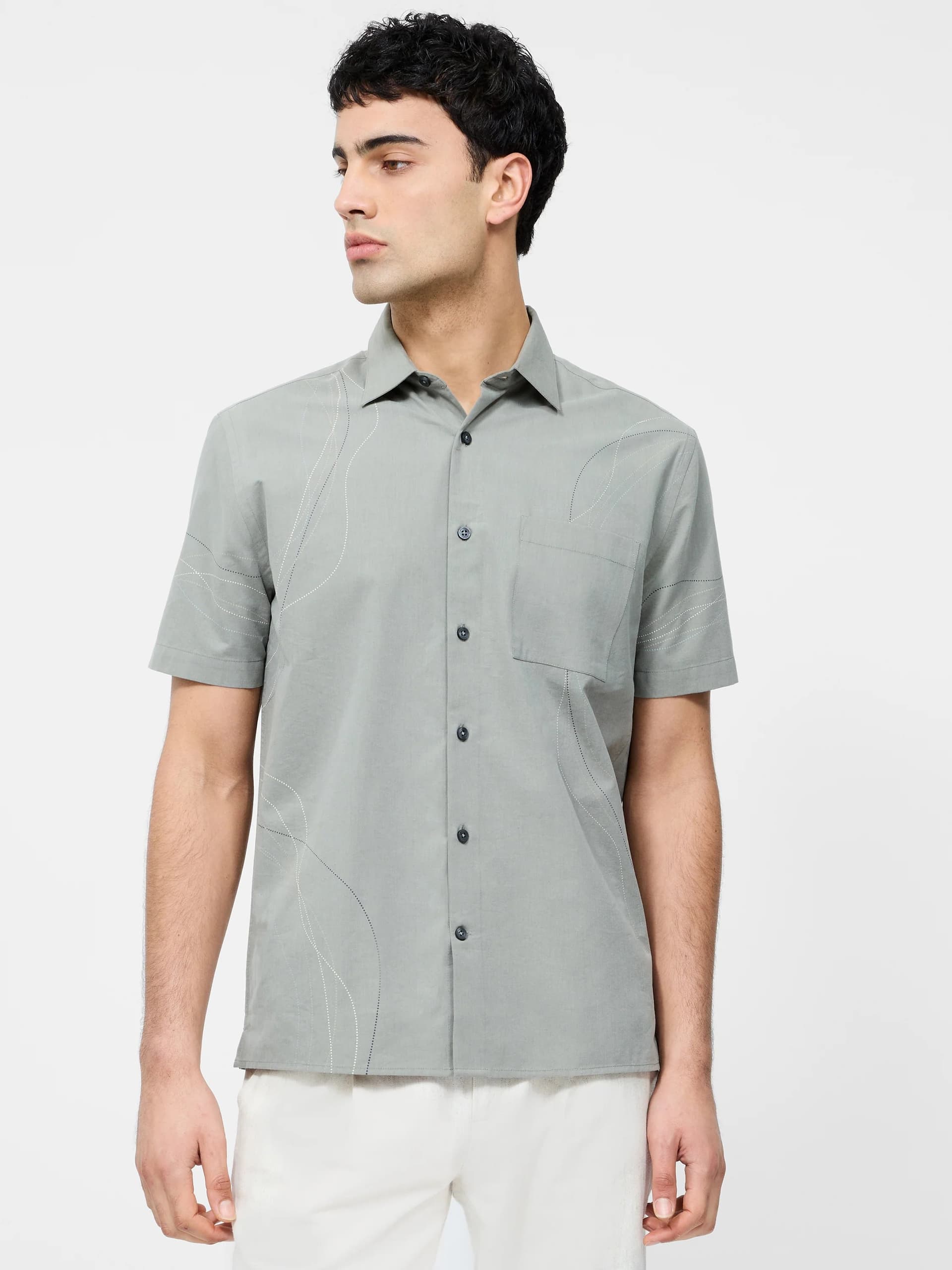 French Connection Scribble Dots Leo Short Sleeve Shirt Sage Green