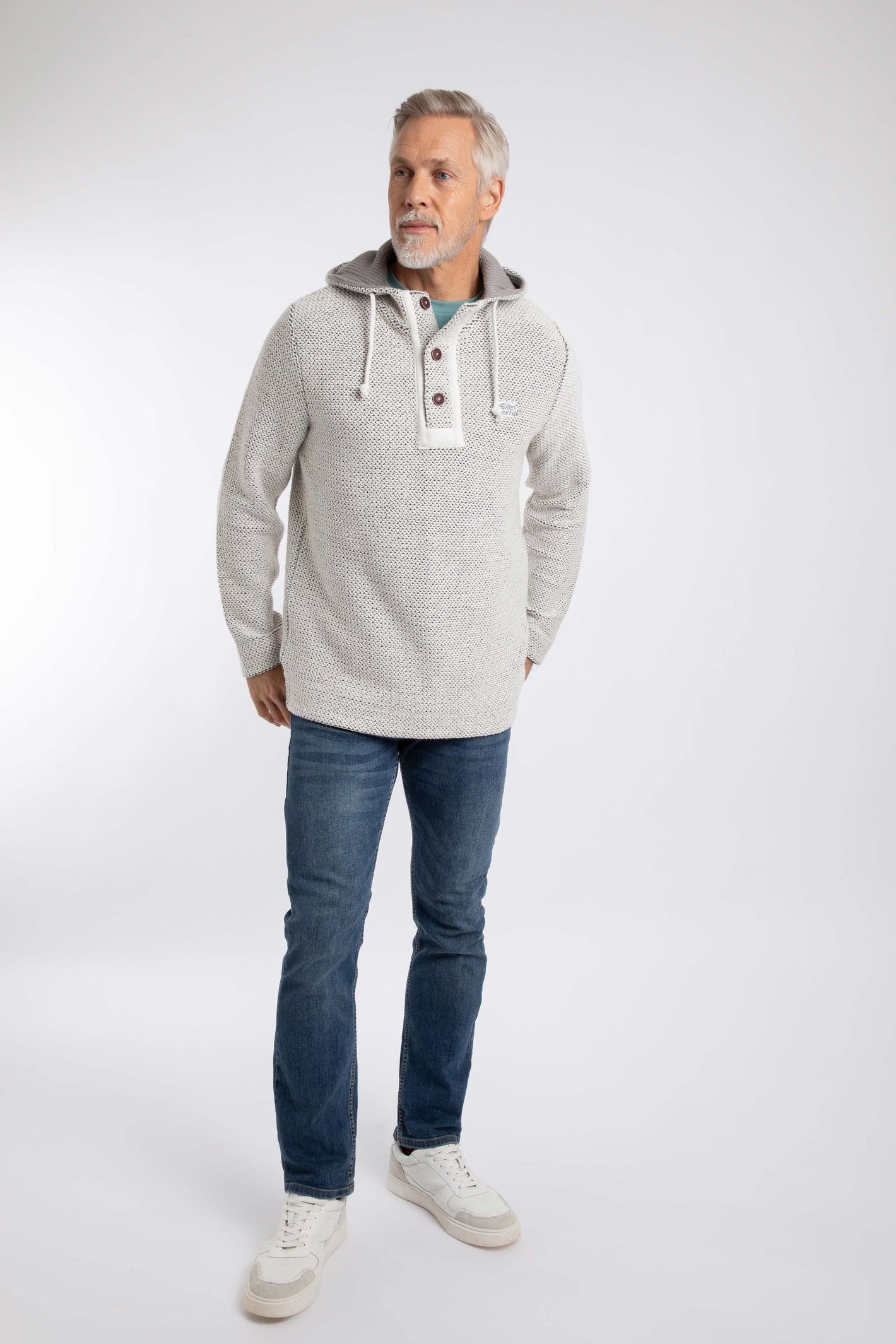 Weird Fish Weird Fish Men's Bakersfield Button Neck Macaroni Hoodie in Ecru - 4