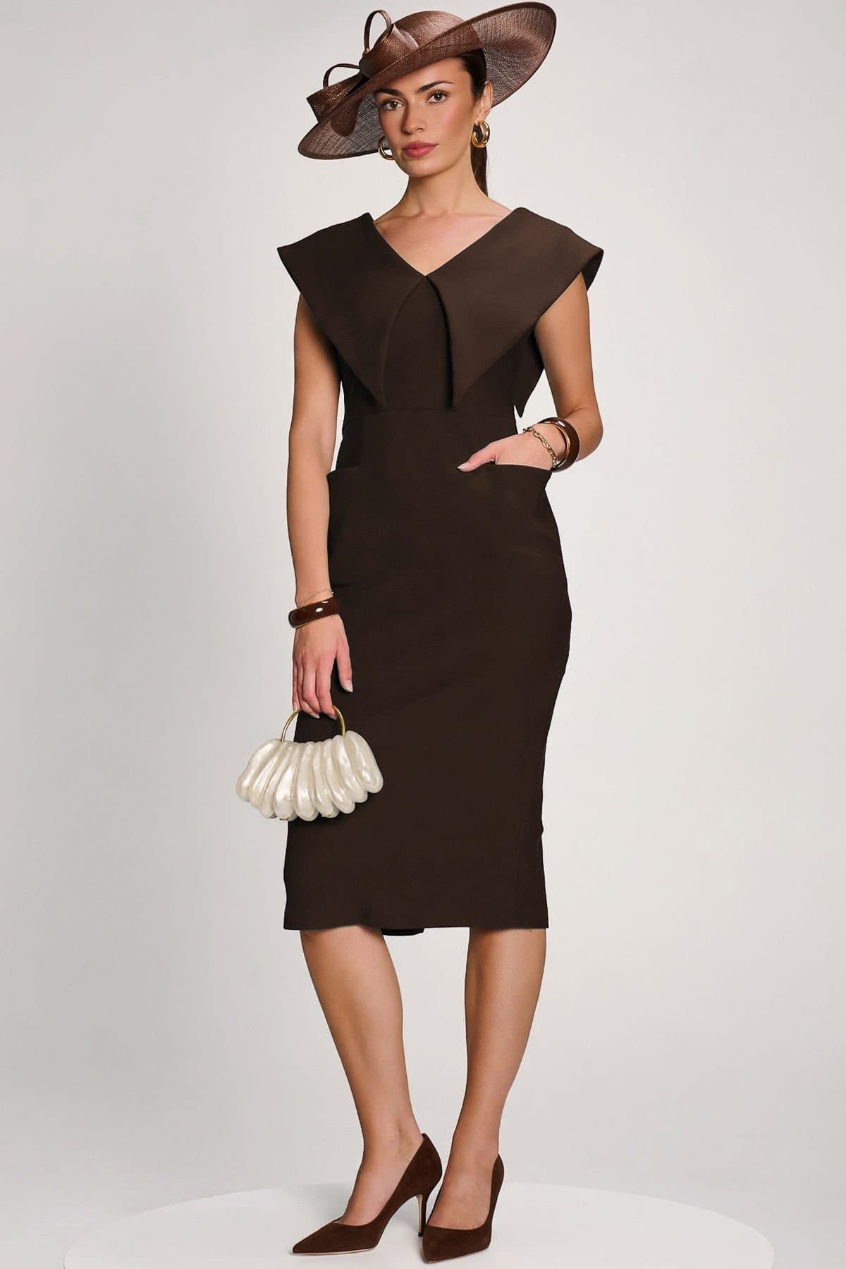 Jolie Moi Jolie Moi Women's Statement Collar Hourglass Midi Dress in Brown
