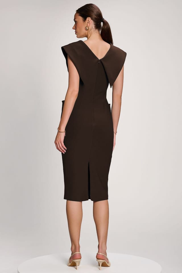 Jolie Moi Jolie Moi Women's Statement Collar Hourglass Midi Dress in Brown - 2