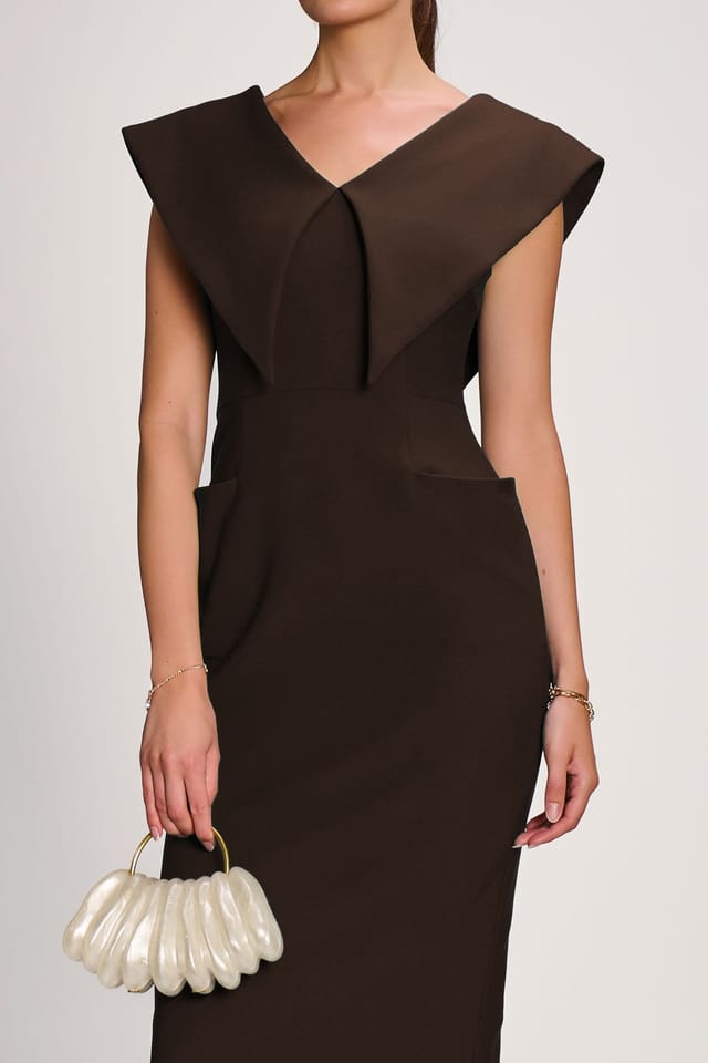 Jolie Moi Jolie Moi Women's Statement Collar Hourglass Midi Dress in Brown - 3