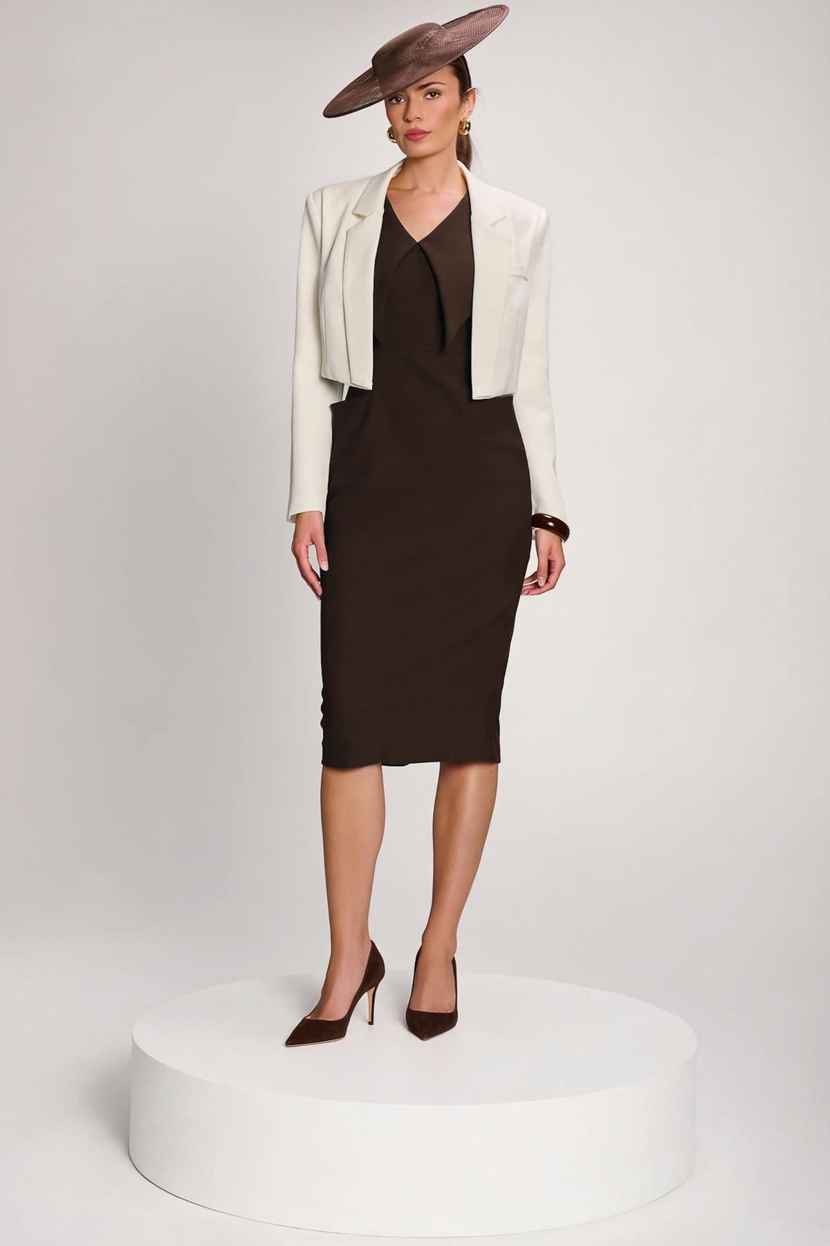 Jolie Moi Jolie Moi Women's Statement Collar Hourglass Midi Dress in Brown - 4