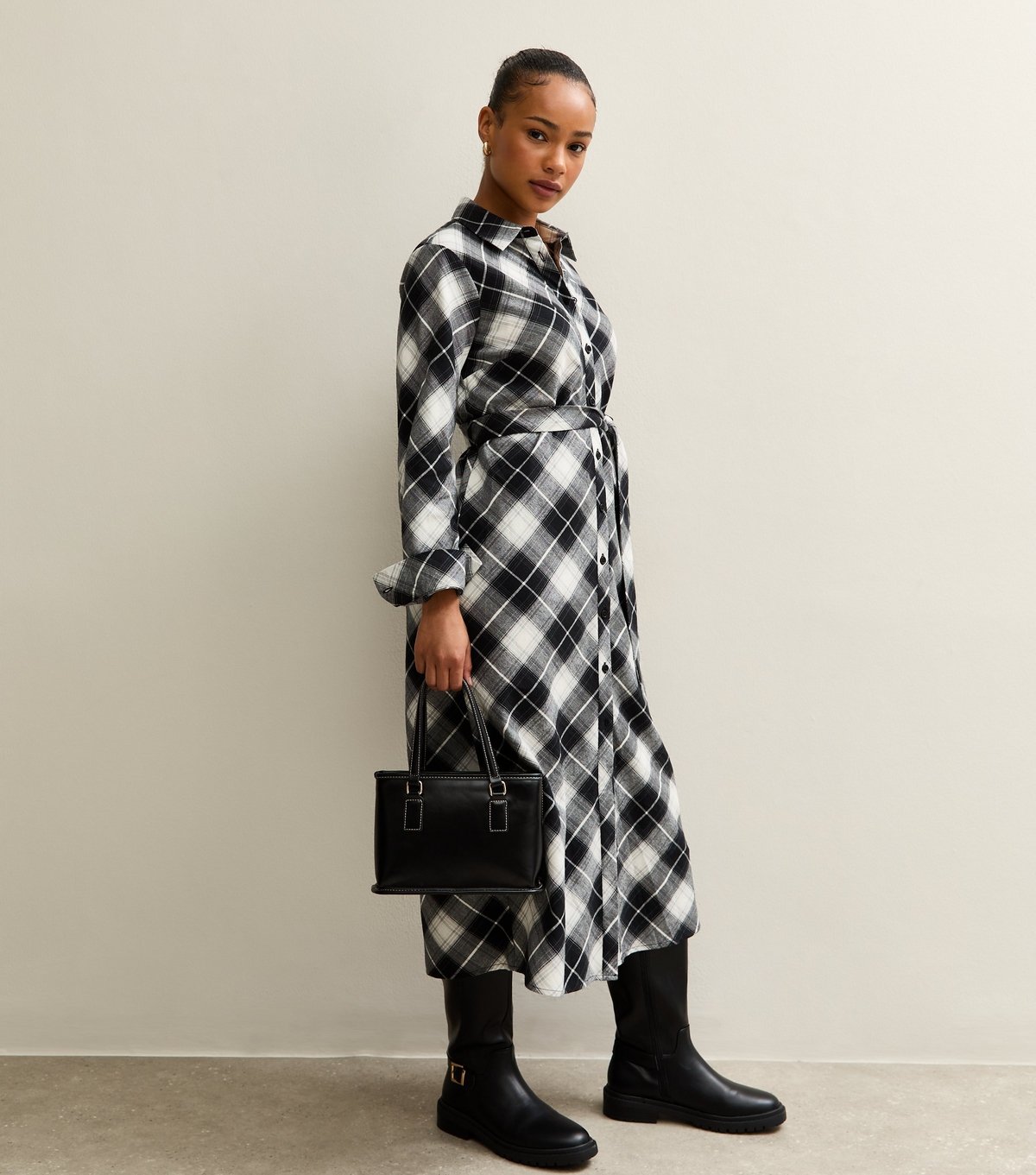 New Look Women's Petite Black Checked Button Up Belted Midi Shirt Dress New Look - 3