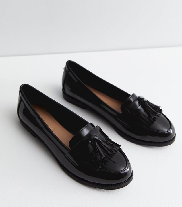 New Look Women's Black Patent Tassel Trim Loafers Vegan New Look - 3