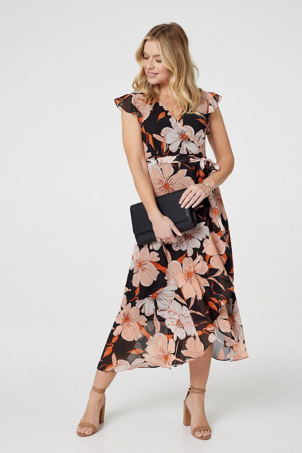 Izabel London Izabel London Women's Floral Frill Asymmetric Wrap Midi Dress in Black